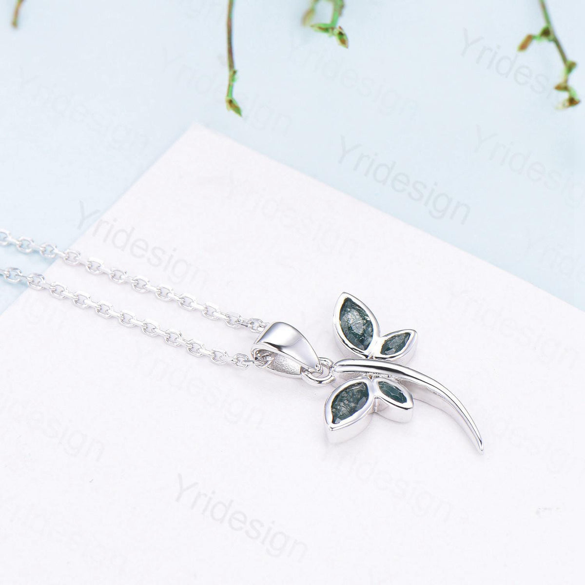 Dainty Marquise Cut Moss Agate Necklace Bezel Set Green Agate Dragonfly Accompany Necklace Pendant Necklace Unique Anniversary Gift Women