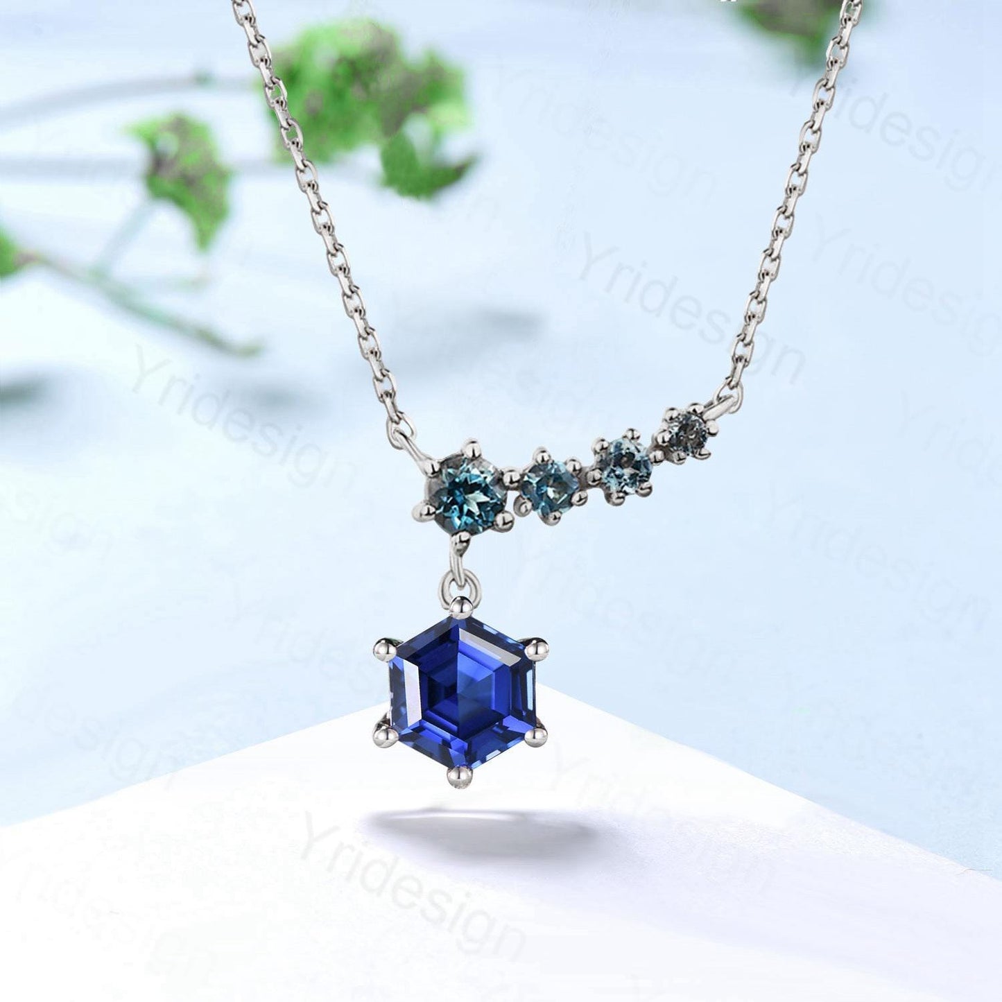 Elegant hexagon cut sapphire pendant necklace five stone 9k/14k/18k rose gold art deco London blue topaz pendant necklace Anniversary gift