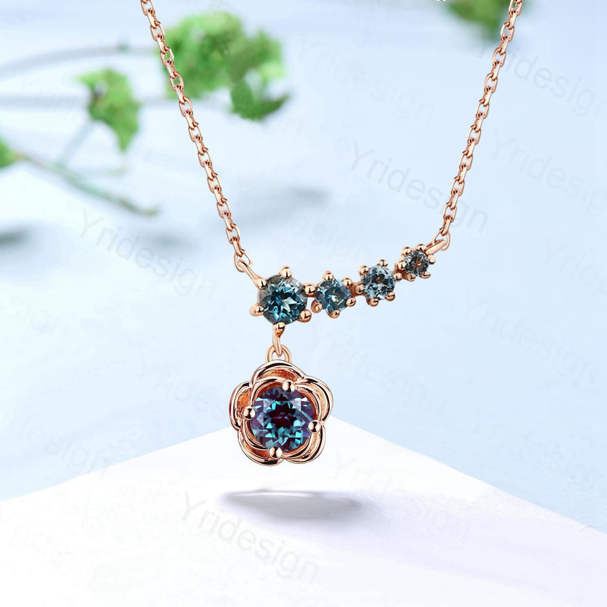 Unique Flower Alexandrite Necklace Floral Halo Alexandrite Necklace Five Stone Pendant Necklace Promise Anniversary gift for daughter