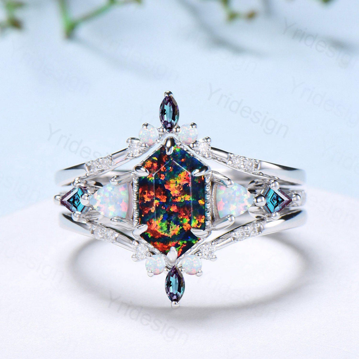 Vintage 5X9mm long hexagon black opal engagement ring set unique triangle white opal kite alexandrite wedding set enhancer band bridal set