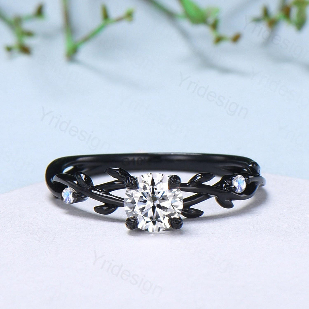 Leaf Moissanite Engagement Ring, Black Gold Moonstone Accent, Nature Inspired