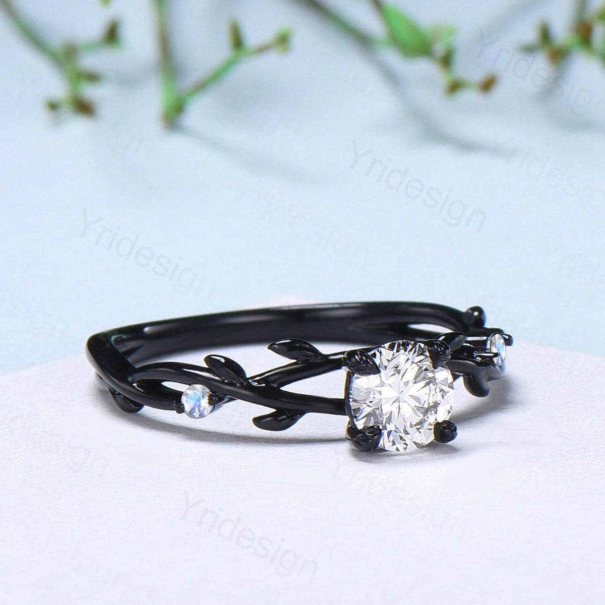 Leaf Moissanite Engagement Ring, Black Gold Moonstone Accent, Nature Inspired