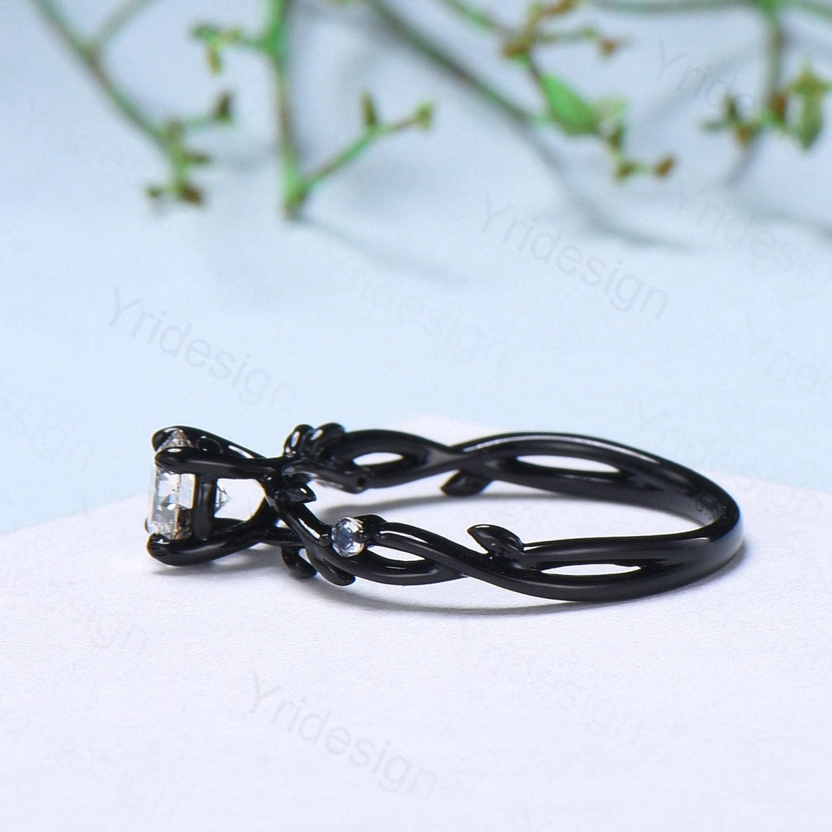 Leaf Moissanite Engagement Ring, Black Gold Moonstone Accent, Nature Inspired