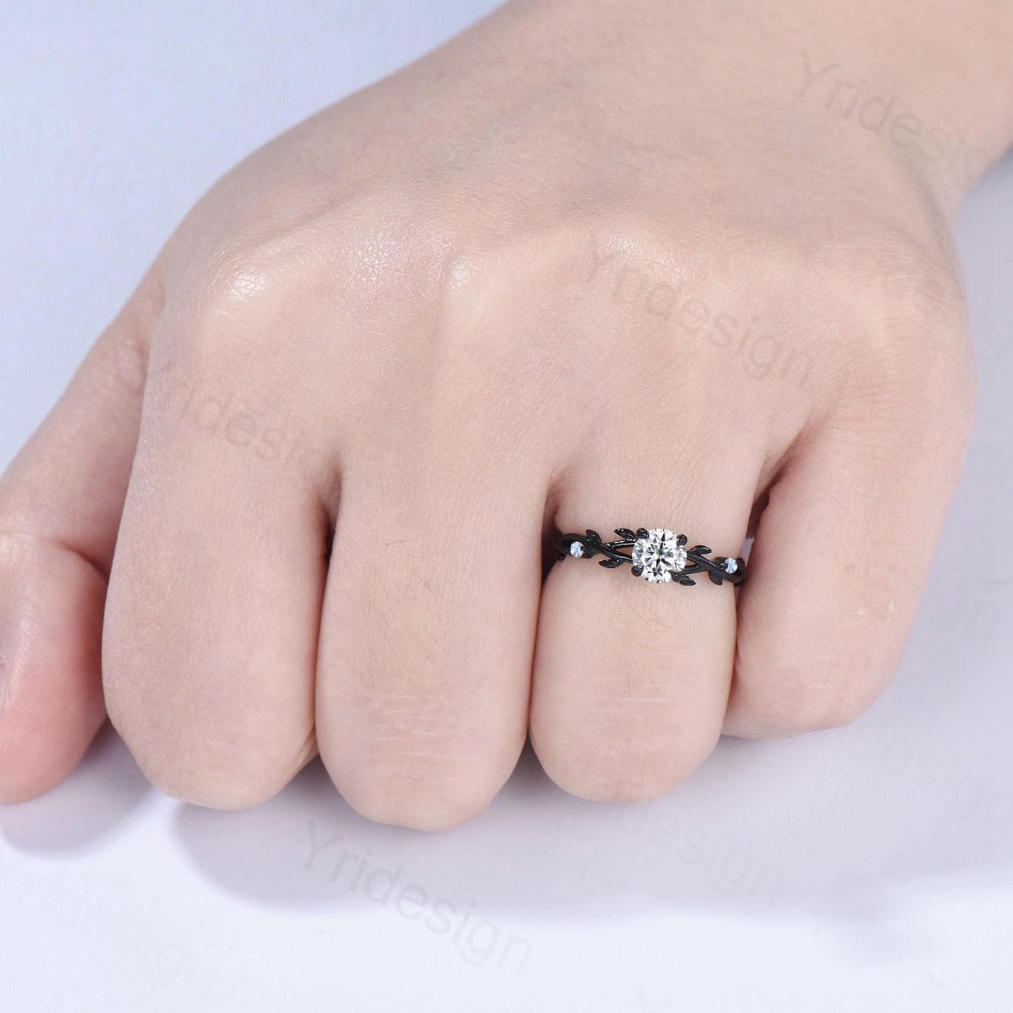 Leaf Moissanite Engagement Ring, Black Gold Moonstone Accent, Nature Inspired