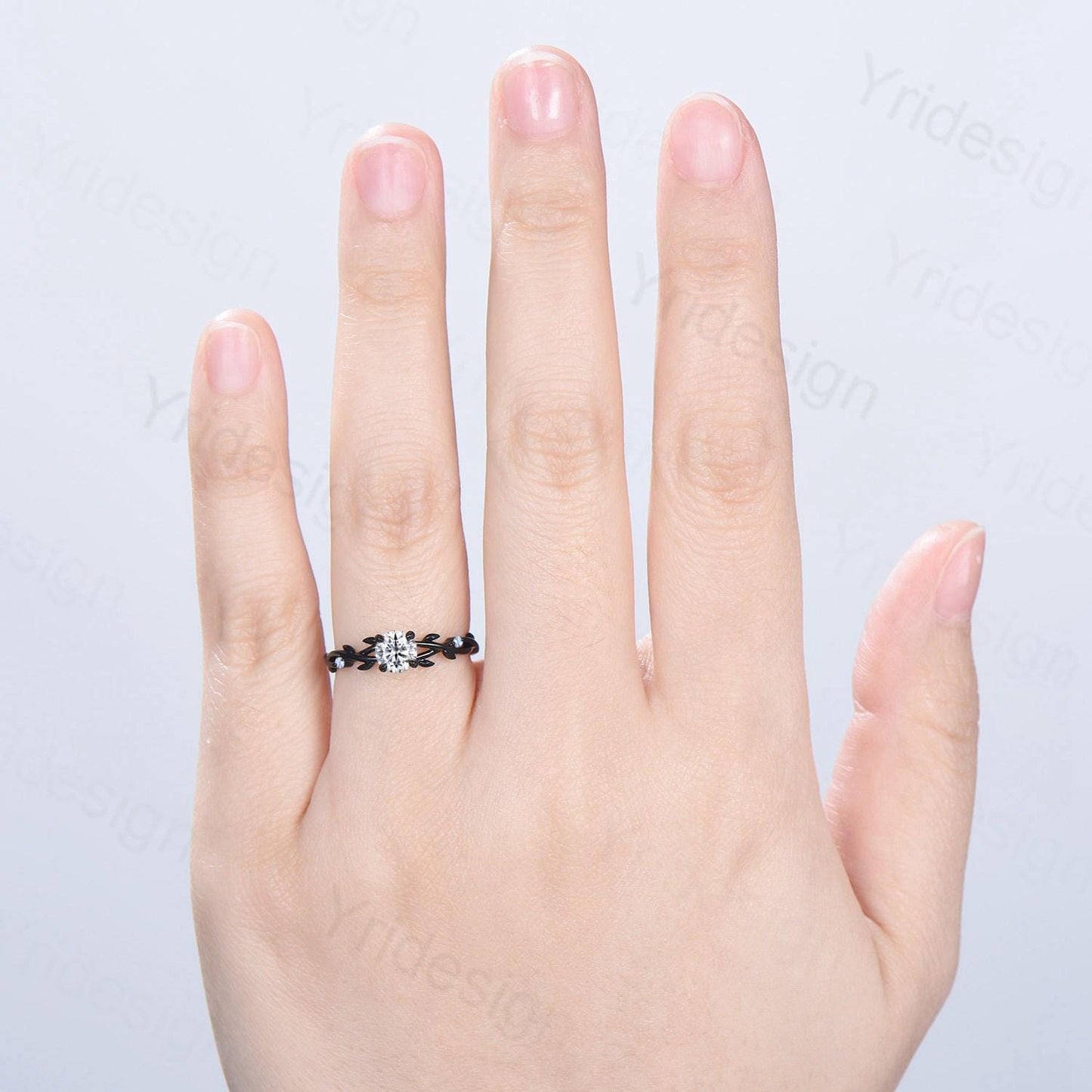 Leaf Moissanite Engagement Ring, Black Gold Moonstone Accent, Nature Inspired