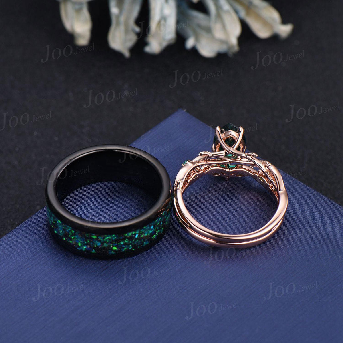 1.25ct Pear Cut Black Fire Opal Couple Promise Ring Set 925 Sterling Silver & Tungsten Matching Ring