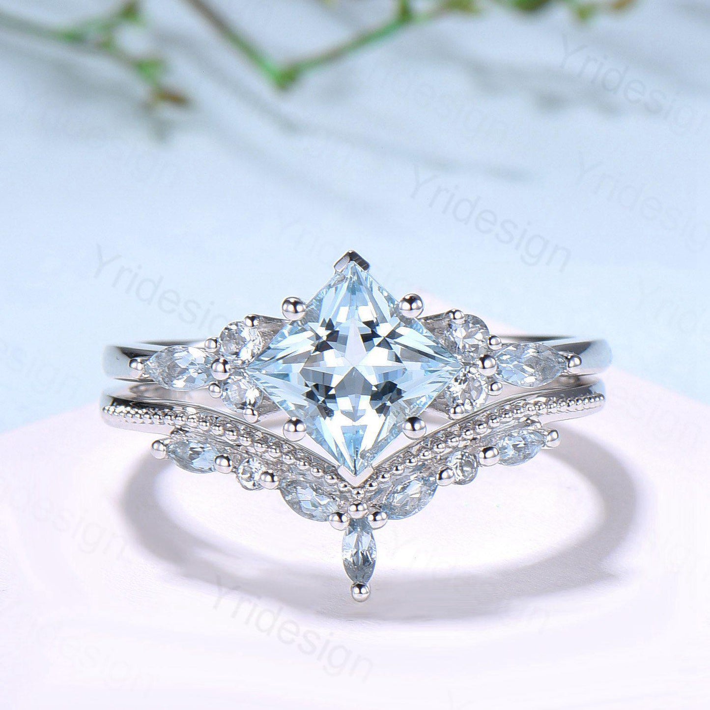 Art Deco Princess Cut Natural Aquamarine Engagement Ring Set Silver Rose Gold Unique 2CT March Birthstone Bridal Wedding Ring Set For Women