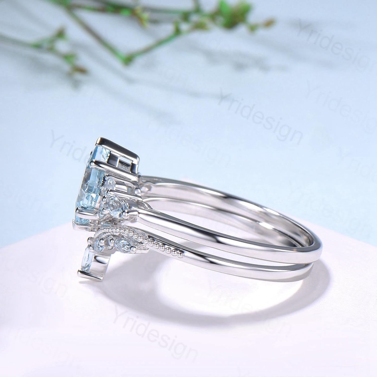 Art Deco Princess Cut Natural Aquamarine Engagement Ring Set Silver Rose Gold Unique 2CT March Birthstone Bridal Wedding Ring Set For Women