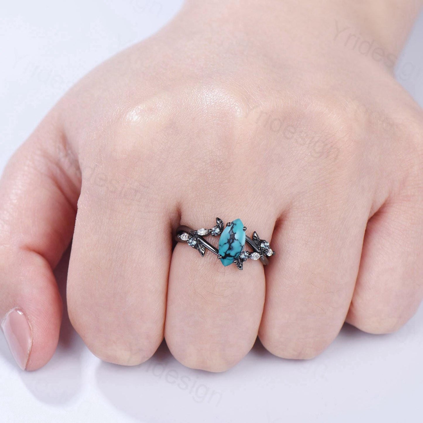 Unique Goth Turquoise Engagement Ring Natural Inspired Gothic Marquise Black Gold Ring Leaves Split Shank Cluster Alexandrite Wedding Ring