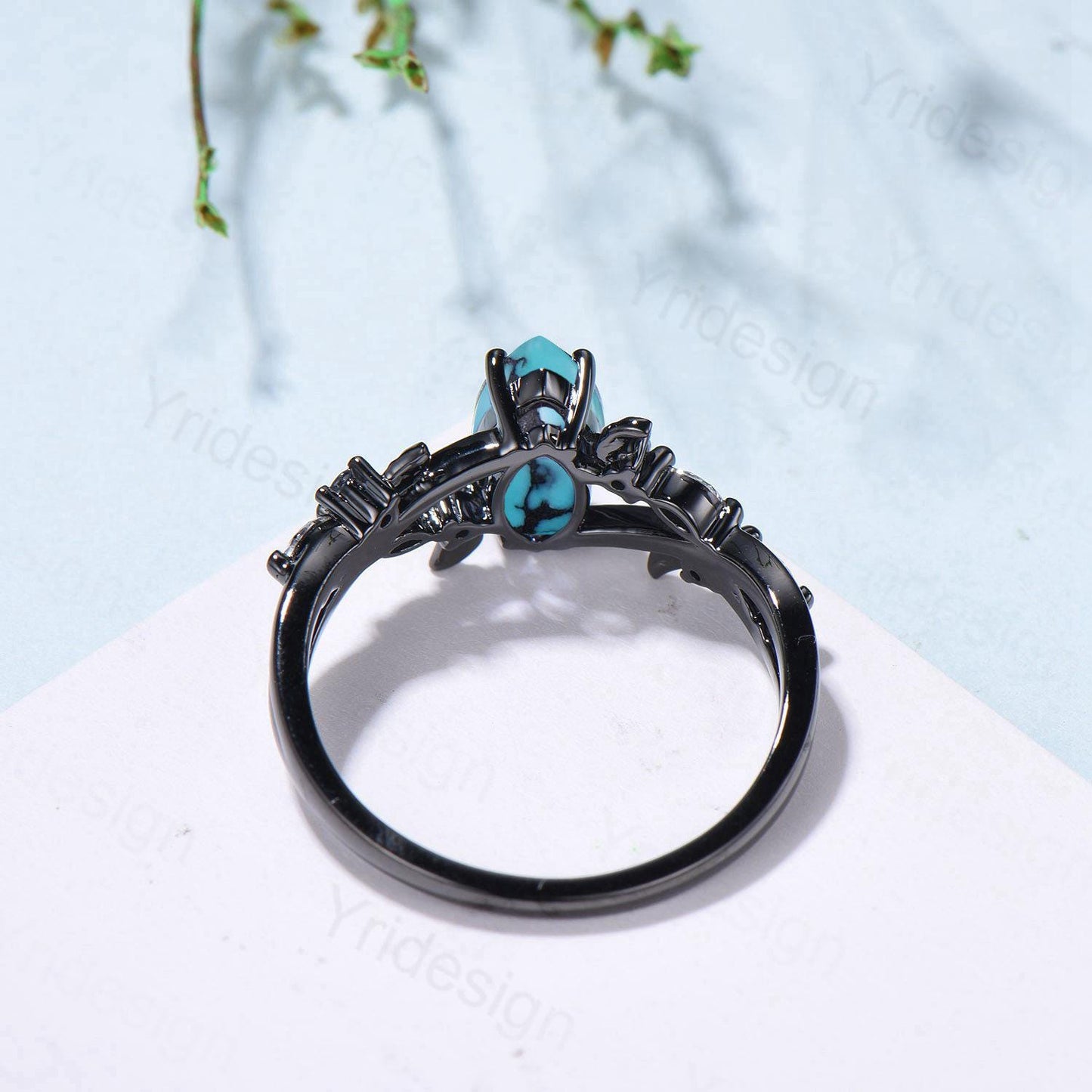 Unique Goth Turquoise Engagement Ring Natural Inspired Gothic Marquise Black Gold Ring Leaves Split Shank Cluster Alexandrite Wedding Ring
