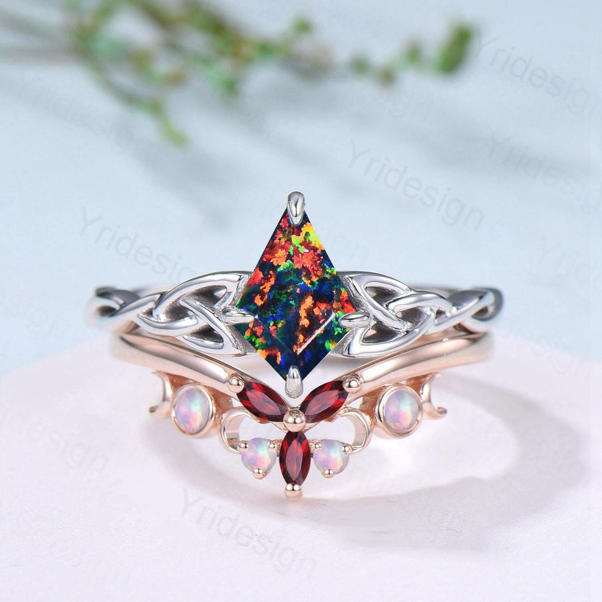 Norse Viking Kite Cut Black Opal Engagement Ring Set Unique Celtic Love Knot Fire Opal Ruby Butterfly Wedding Band Vintage Twist Bridal Set