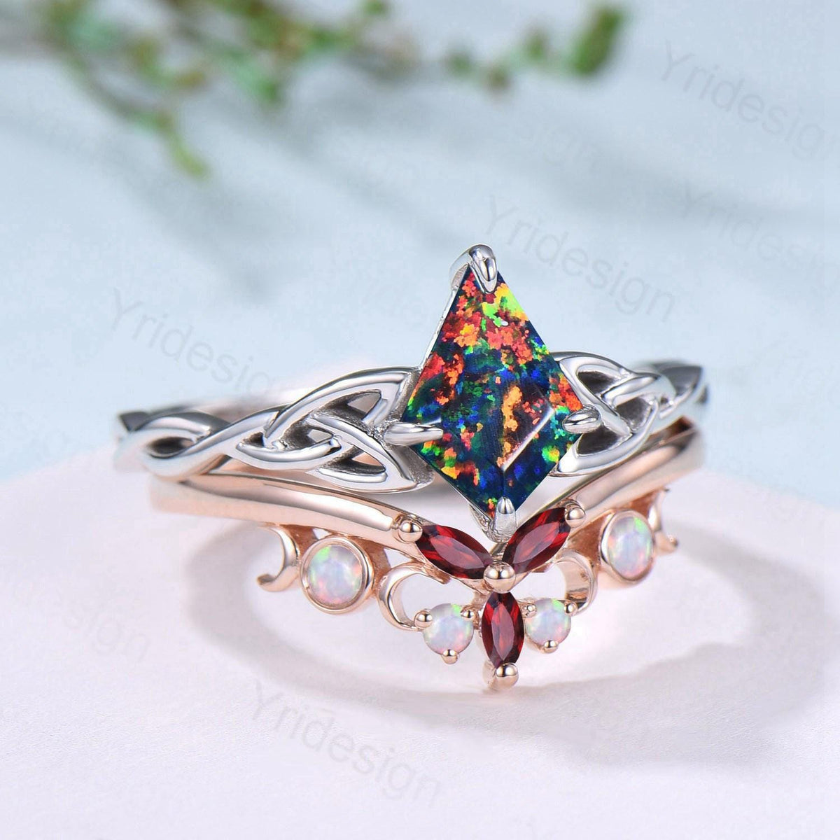 Norse Viking Kite Cut Black Opal Engagement Ring Set Unique Celtic Love Knot Fire Opal Ruby Butterfly Wedding Band Vintage Twist Bridal Set