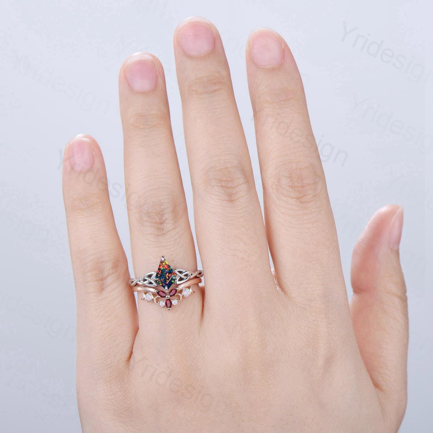Norse Viking Kite Cut Black Opal Engagement Ring Set Unique Celtic Love Knot Fire Opal Ruby Butterfly Wedding Band Vintage Twist Bridal Set
