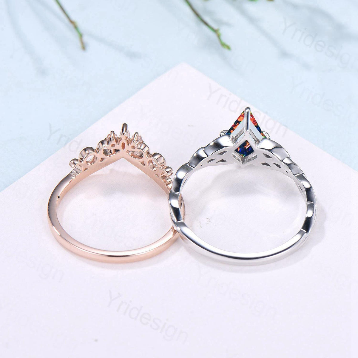 Norse Viking Kite Cut Black Opal Engagement Ring Set Unique Celtic Love Knot Fire Opal Ruby Butterfly Wedding Band Vintage Twist Bridal Set
