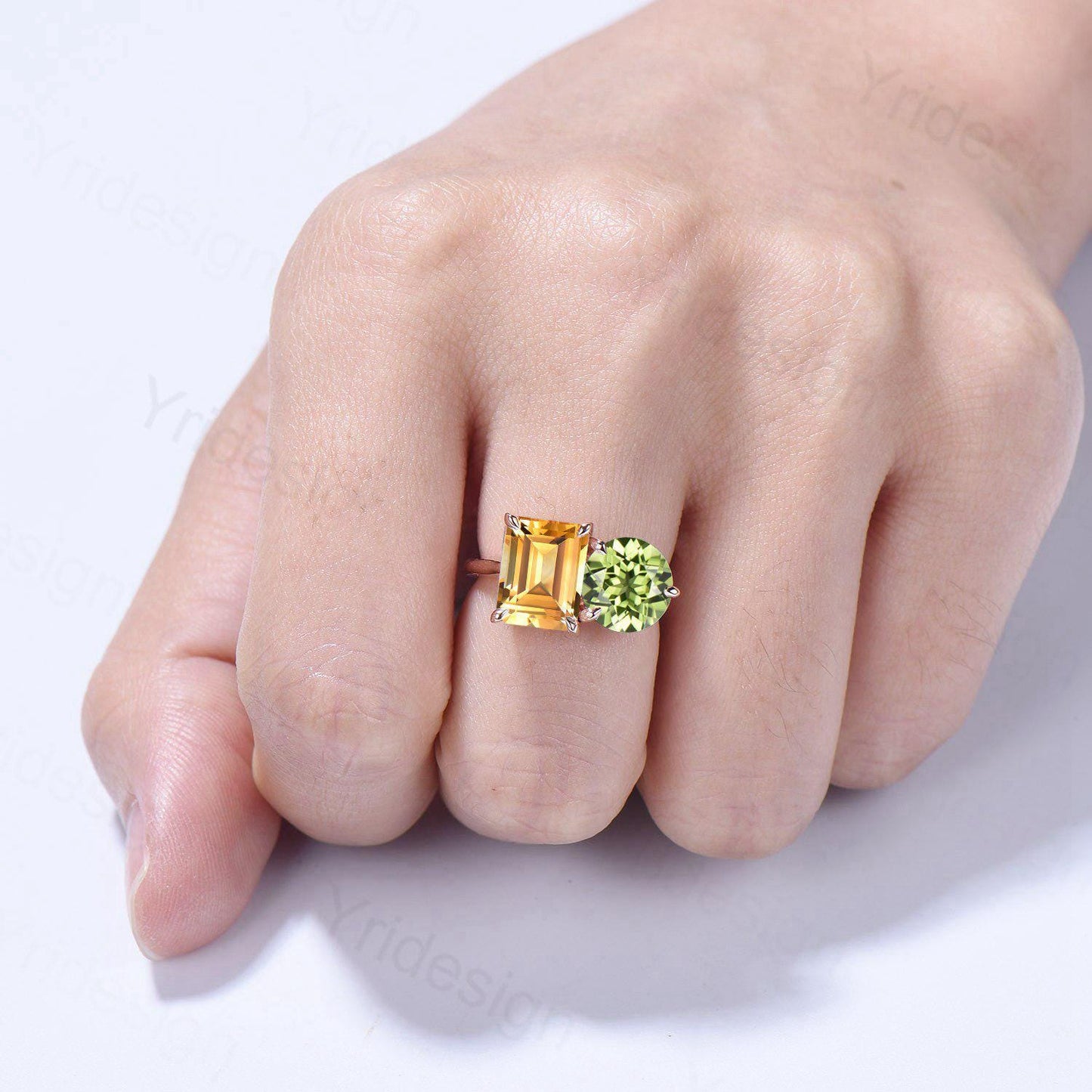 Minimalist Two stone engagement ring 14k rose gold emerald cut citrine and round peridot wedding ring Plain Band anniversary bridal gifts
