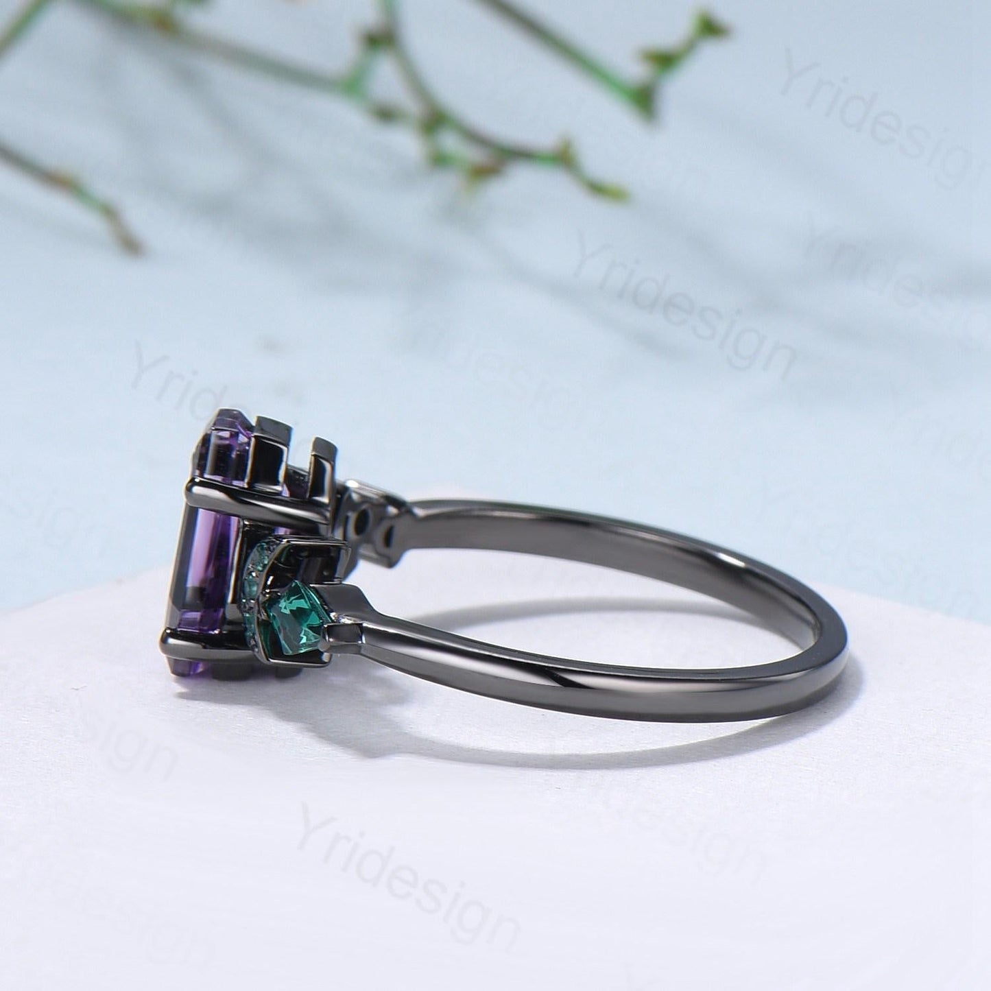 Unique moon amethyst ring, Coffin February birthstone engagement ring, cluster kite emerald wedding ring, perfect promise anniversary gift
