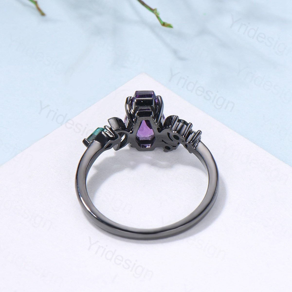 Unique moon amethyst ring, Coffin February birthstone engagement ring, cluster kite emerald wedding ring, perfect promise anniversary gift