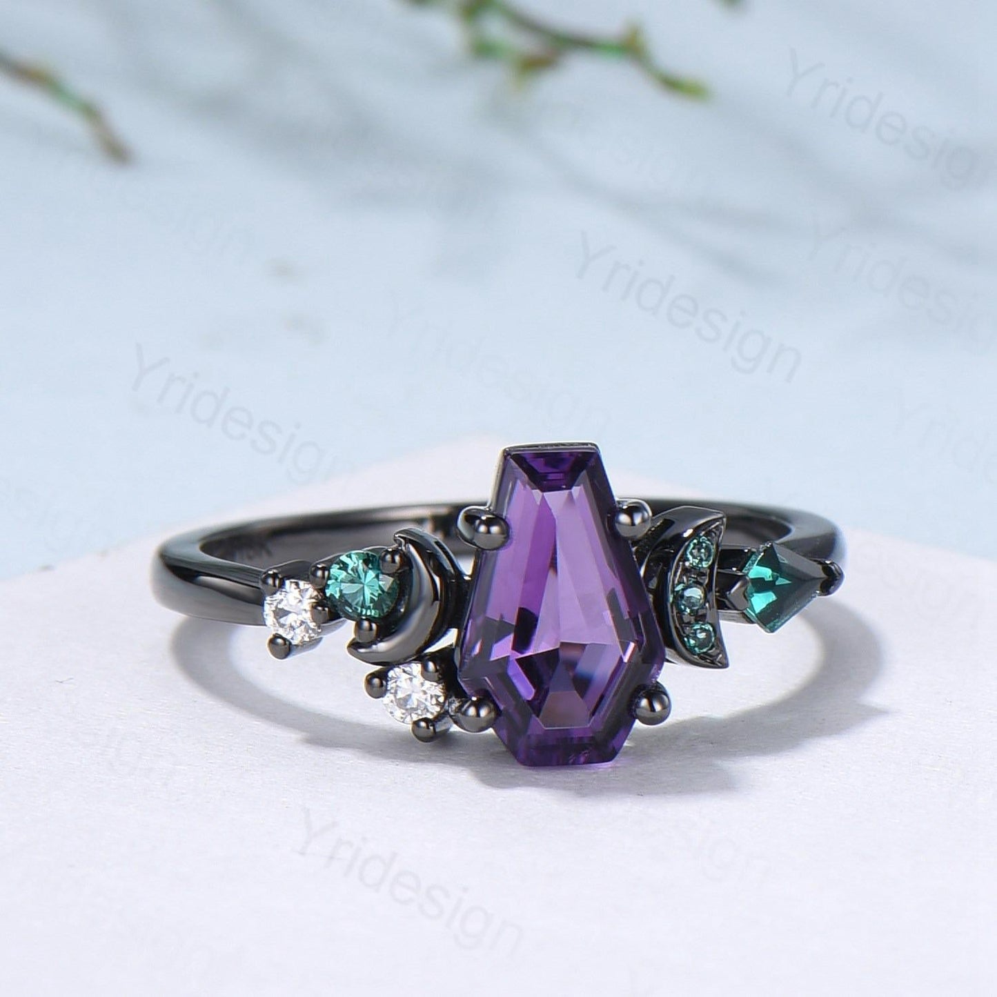 Unique moon amethyst ring, Coffin February birthstone engagement ring, cluster kite emerald wedding ring, perfect promise anniversary gift