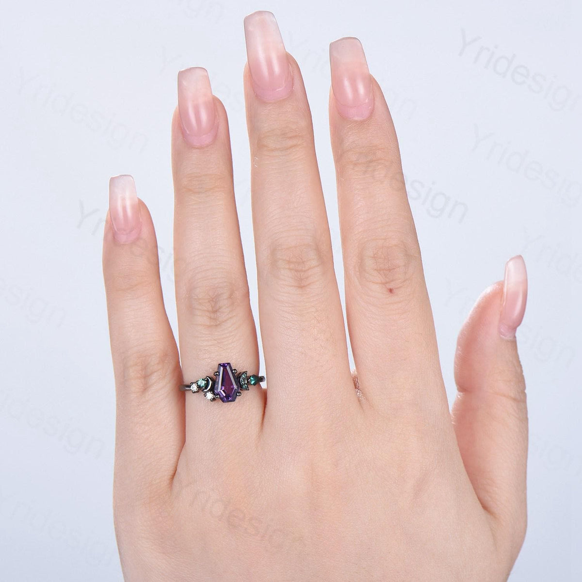 Unique moon amethyst ring, Coffin February birthstone engagement ring, cluster kite emerald wedding ring, perfect promise anniversary gift