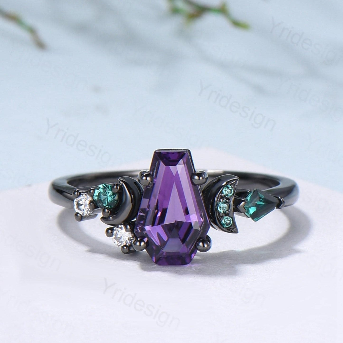 Unique moon amethyst ring, Coffin February birthstone engagement ring, cluster kite emerald wedding ring, perfect promise anniversary gift