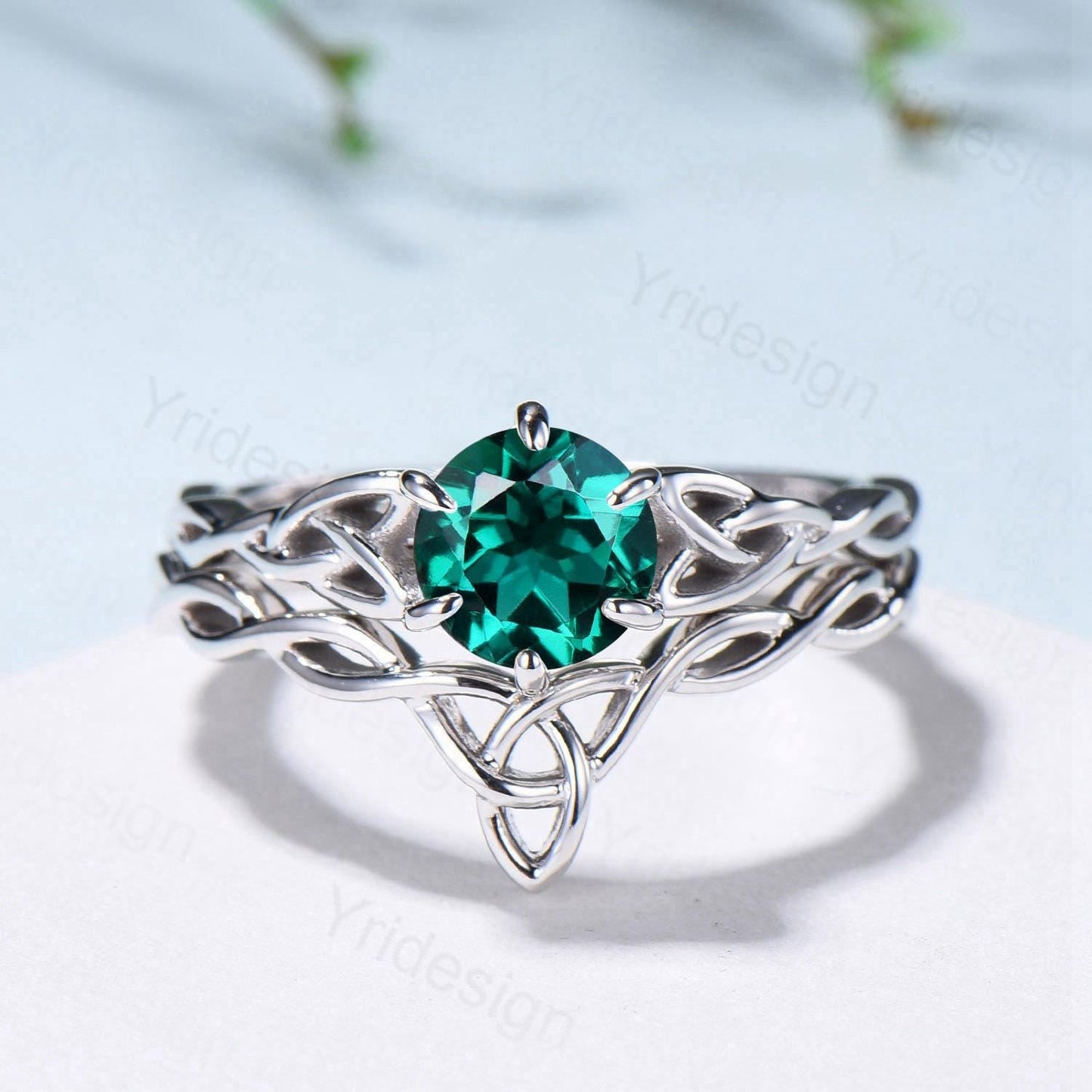 Emerald Wedding Ring Set, Norse Viking Lab Emerald Engagement Ring, Celtic Knot May Birthstone Jewelry, White Gold 2Pcs Twisted Bridal Set