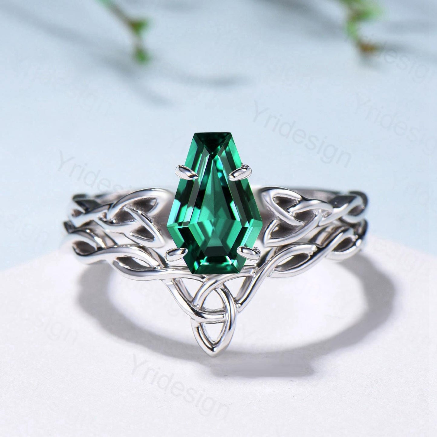 Emerald Wedding Ring Set, Norse Viking Lab Emerald Engagement Ring, Celtic Knot May Birthstone Jewelry, White Gold 2Pcs Twisted Bridal Set