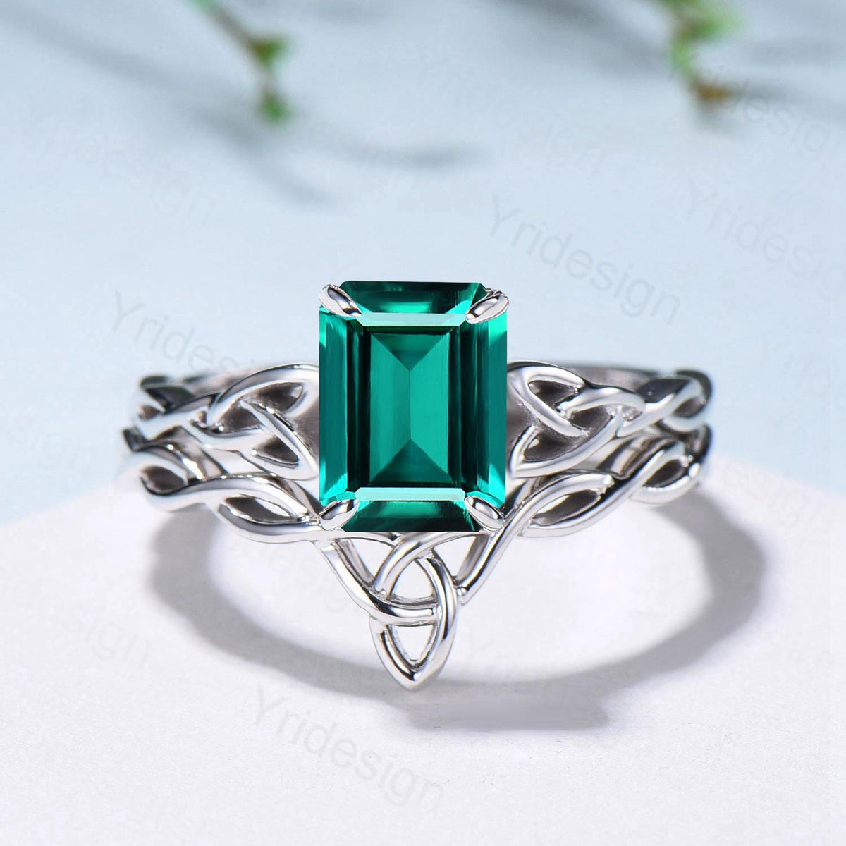Emerald Wedding Ring Set, Norse Viking Lab Emerald Engagement Ring, Celtic Knot May Birthstone Jewelry, White Gold 2Pcs Twisted Bridal Set