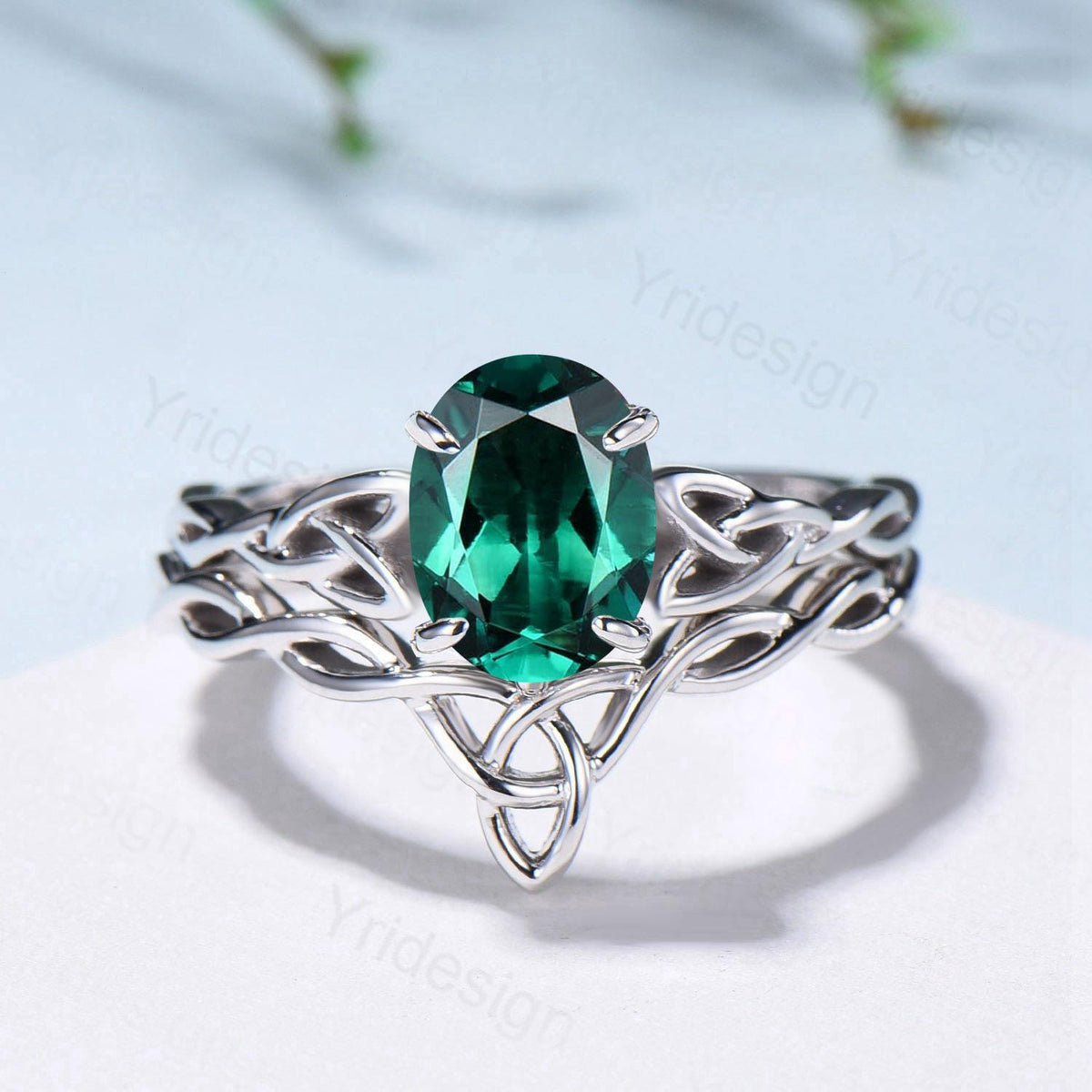 Emerald Wedding Ring Set, Norse Viking Lab Emerald Engagement Ring, Celtic Knot May Birthstone Jewelry, White Gold 2Pcs Twisted Bridal Set