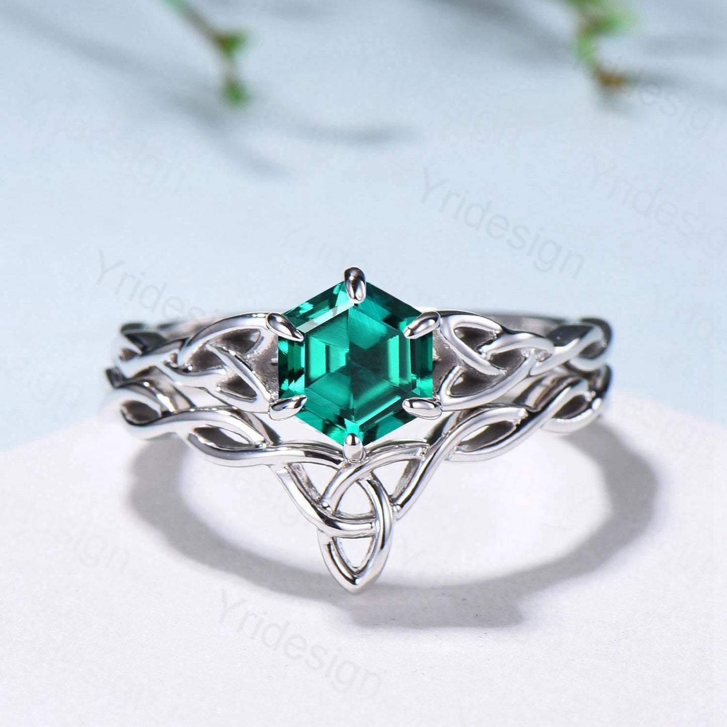Emerald Wedding Ring Set, Norse Viking Lab Emerald Engagement Ring, Celtic Knot May Birthstone Jewelry, White Gold 2Pcs Twisted Bridal Set