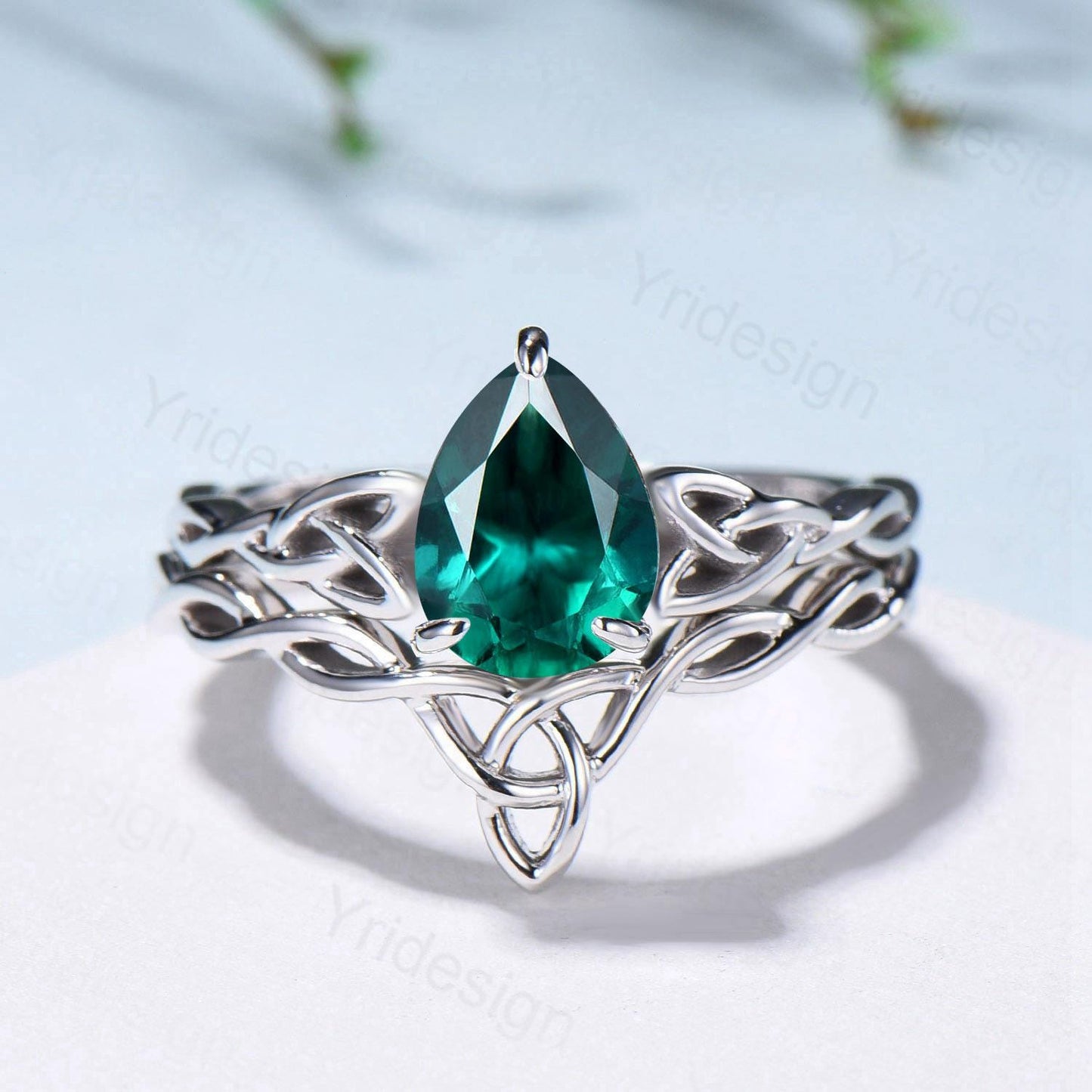 Emerald Wedding Ring Set, Norse Viking Lab Emerald Engagement Ring, Celtic Knot May Birthstone Jewelry, White Gold 2Pcs Twisted Bridal Set