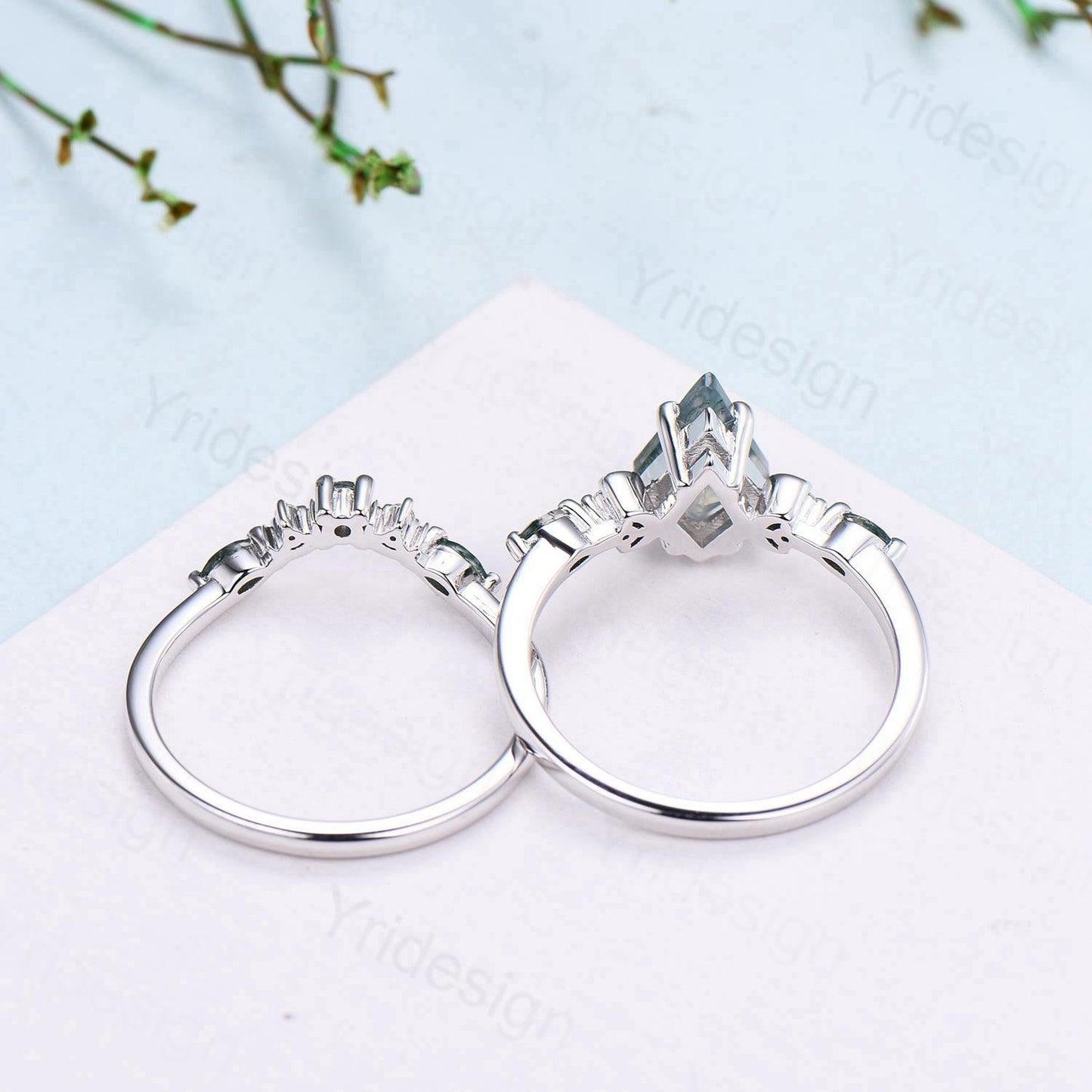 Vintage kite cut alexandrite ring Five Stone crescent moon June birthstone engagement ring Moonstone bridal wedding set anniversary gifts