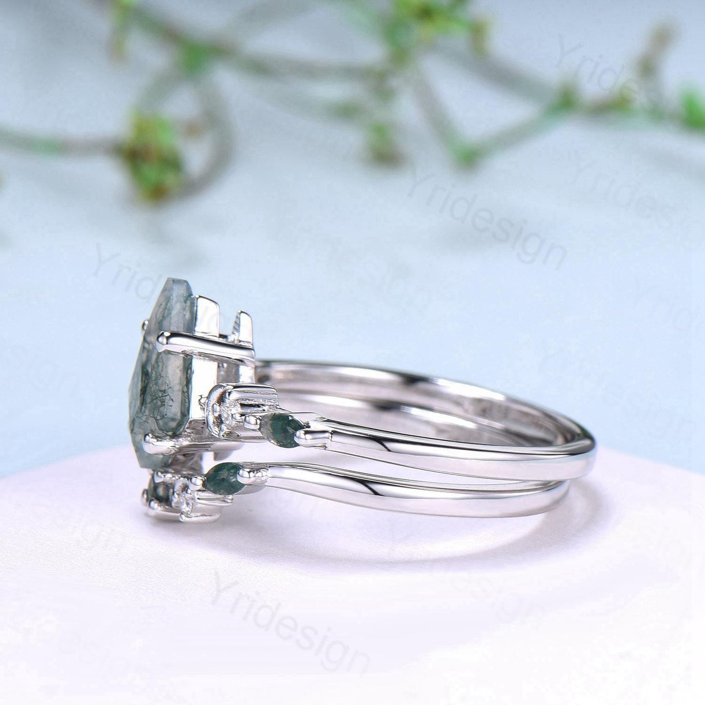 Vintage kite cut alexandrite ring Five Stone crescent moon June birthstone engagement ring Moonstone bridal wedding set anniversary gifts