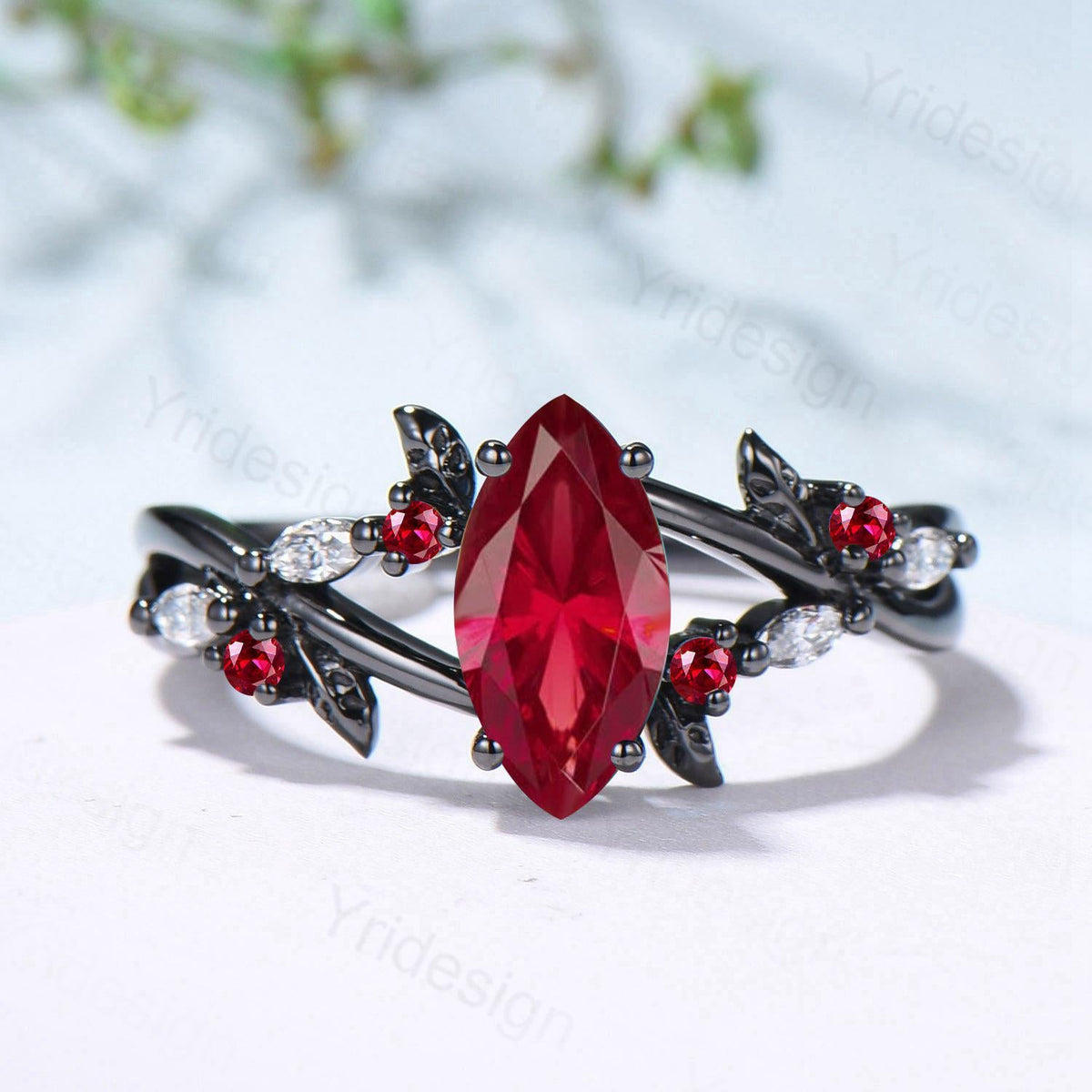 Unique Black Gold Ruby Ring Natural Inspired Gothic Marquise Cut Ruby Engagement Ring Leaves Cluster Moissanite Split Shank Wedding Ring