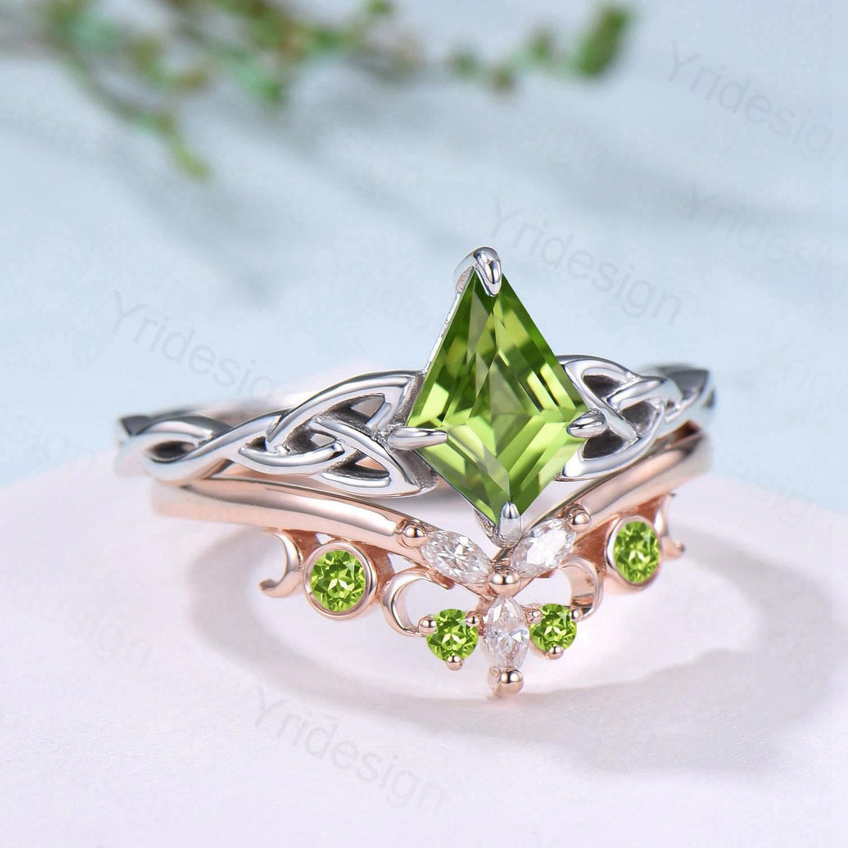 Norse Viking Kite Cut Peridot Engagement Ring Set Unique Celtic Love Knot August Birthstone Butterfly Wedding Band Vintage Twist Bridal Set