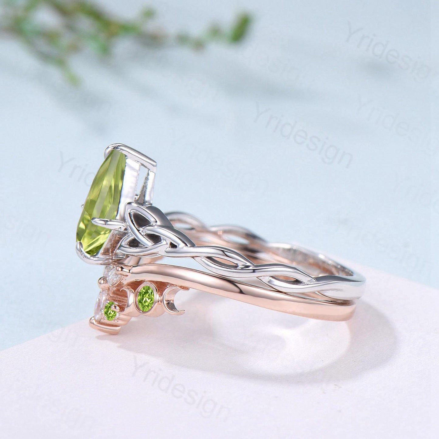 Norse Viking Kite Cut Peridot Engagement Ring Set Unique Celtic Love Knot August Birthstone Butterfly Wedding Band Vintage Twist Bridal Set