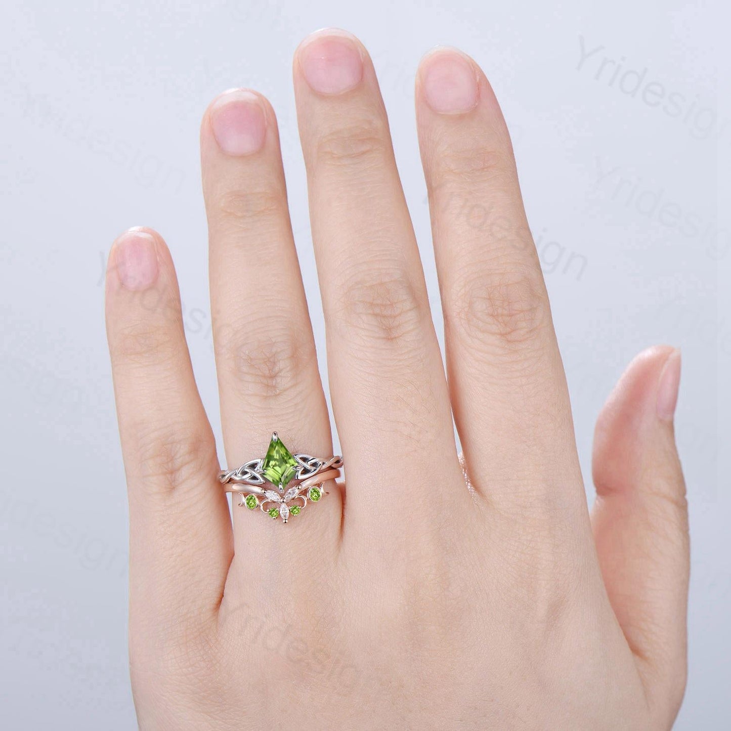 Norse Viking Kite Cut Peridot Engagement Ring Set Unique Celtic Love Knot August Birthstone Butterfly Wedding Band Vintage Twist Bridal Set