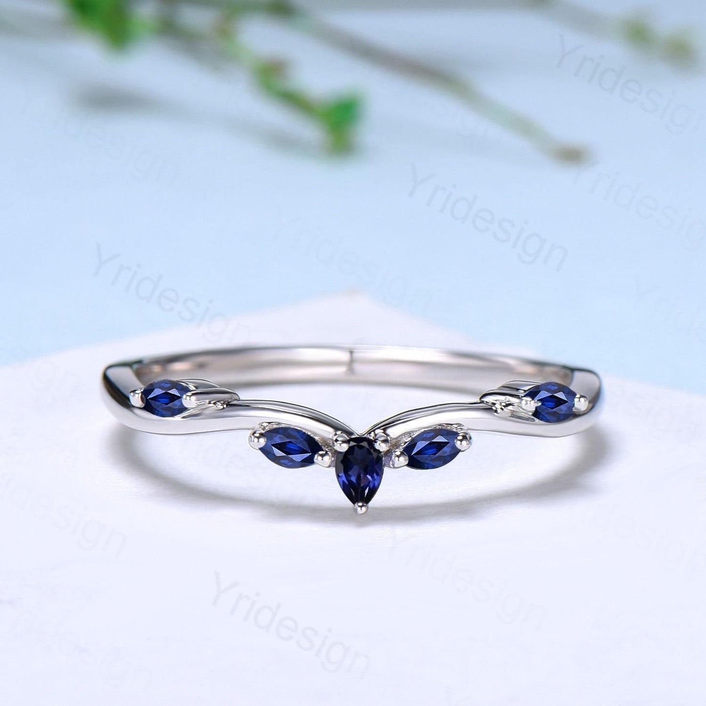 Pear Shaped And Marquise Blue Sapphire Wedding Band Stacking Wedding Ring Curved Wedding Band Dainty Ring Bridal Promise Ring for Women