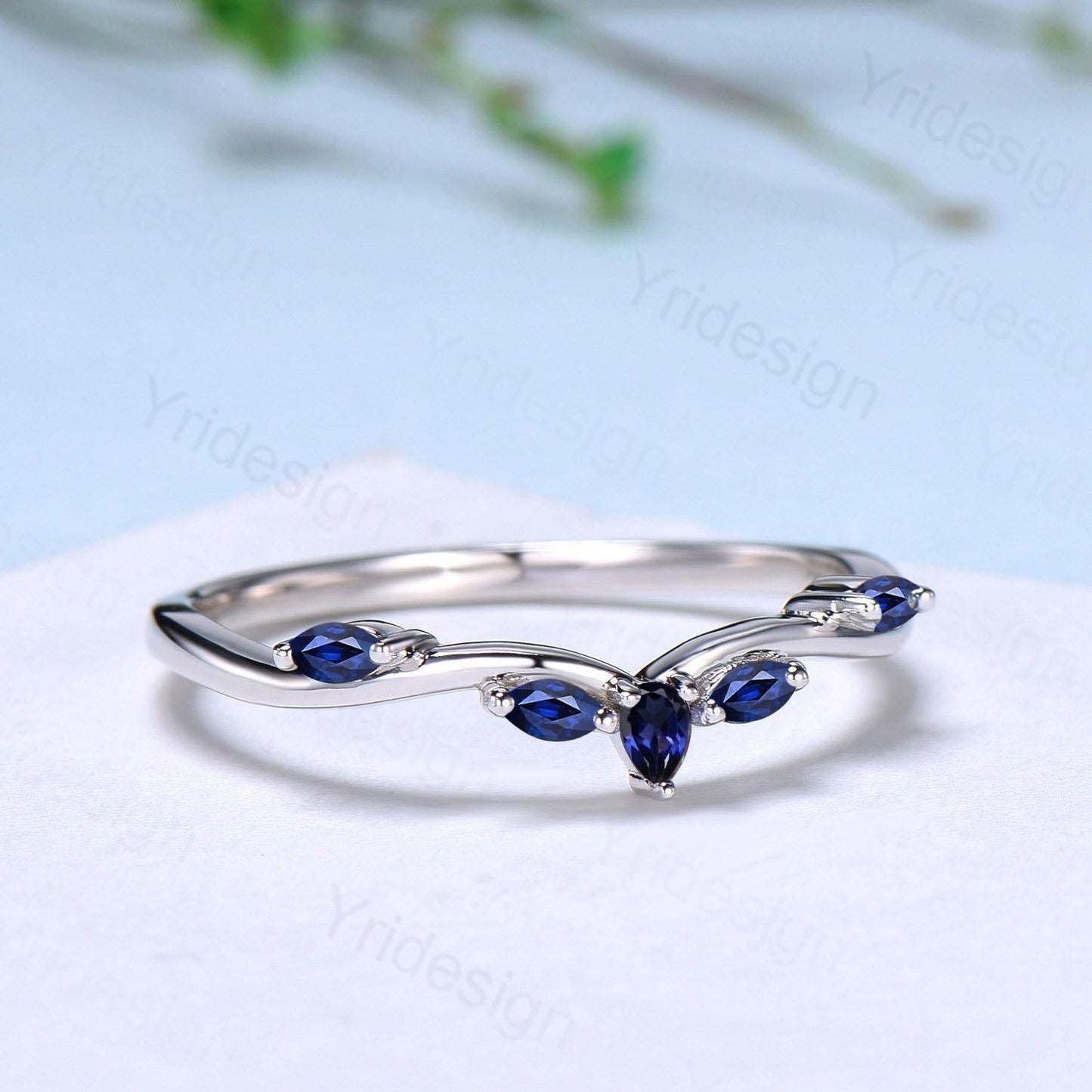 Pear Shaped And Marquise Blue Sapphire Wedding Band Stacking Wedding Ring Curved Wedding Band Dainty Ring Bridal Promise Ring for Women