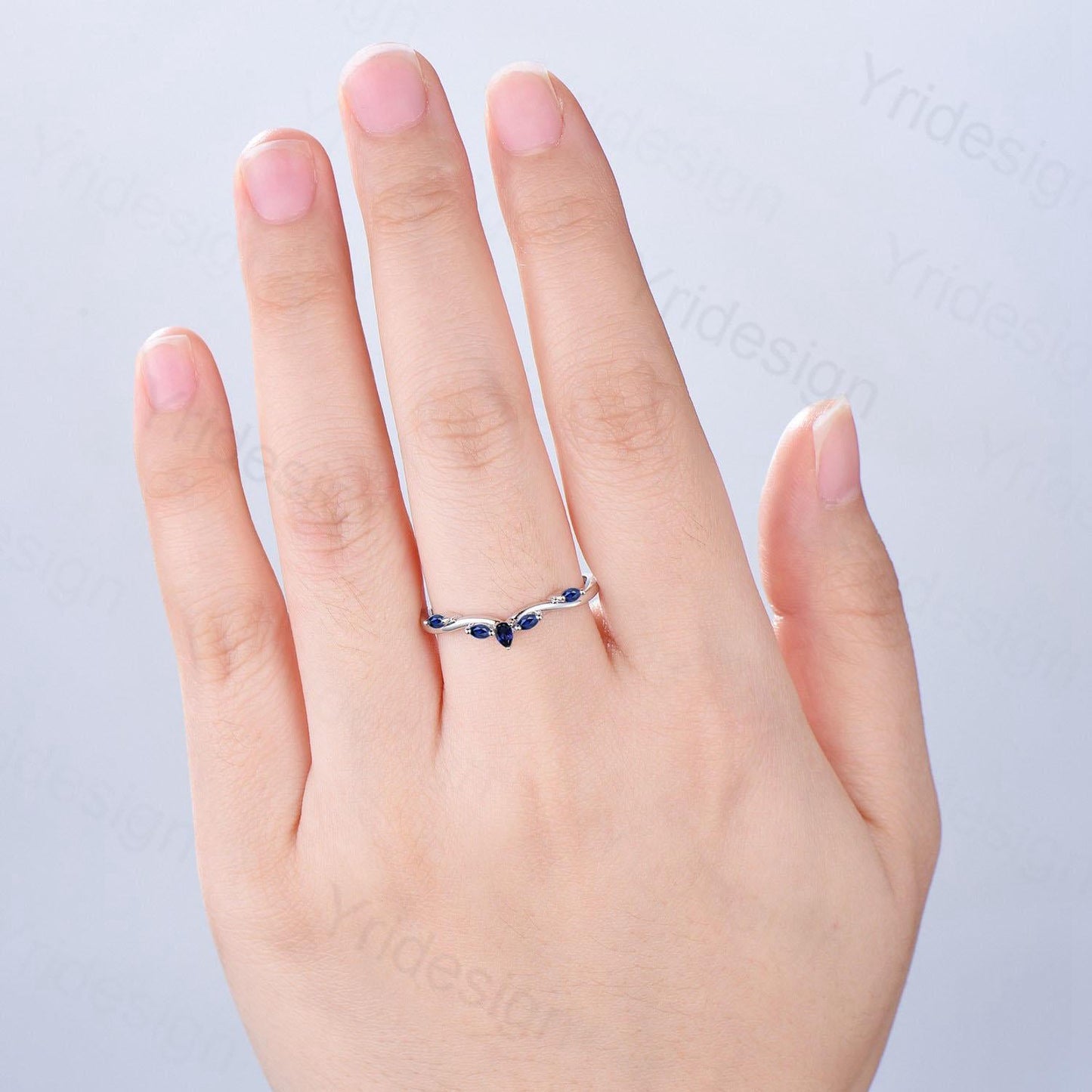 Pear Shaped And Marquise Blue Sapphire Wedding Band Stacking Wedding Ring Curved Wedding Band Dainty Ring Bridal Promise Ring for Women