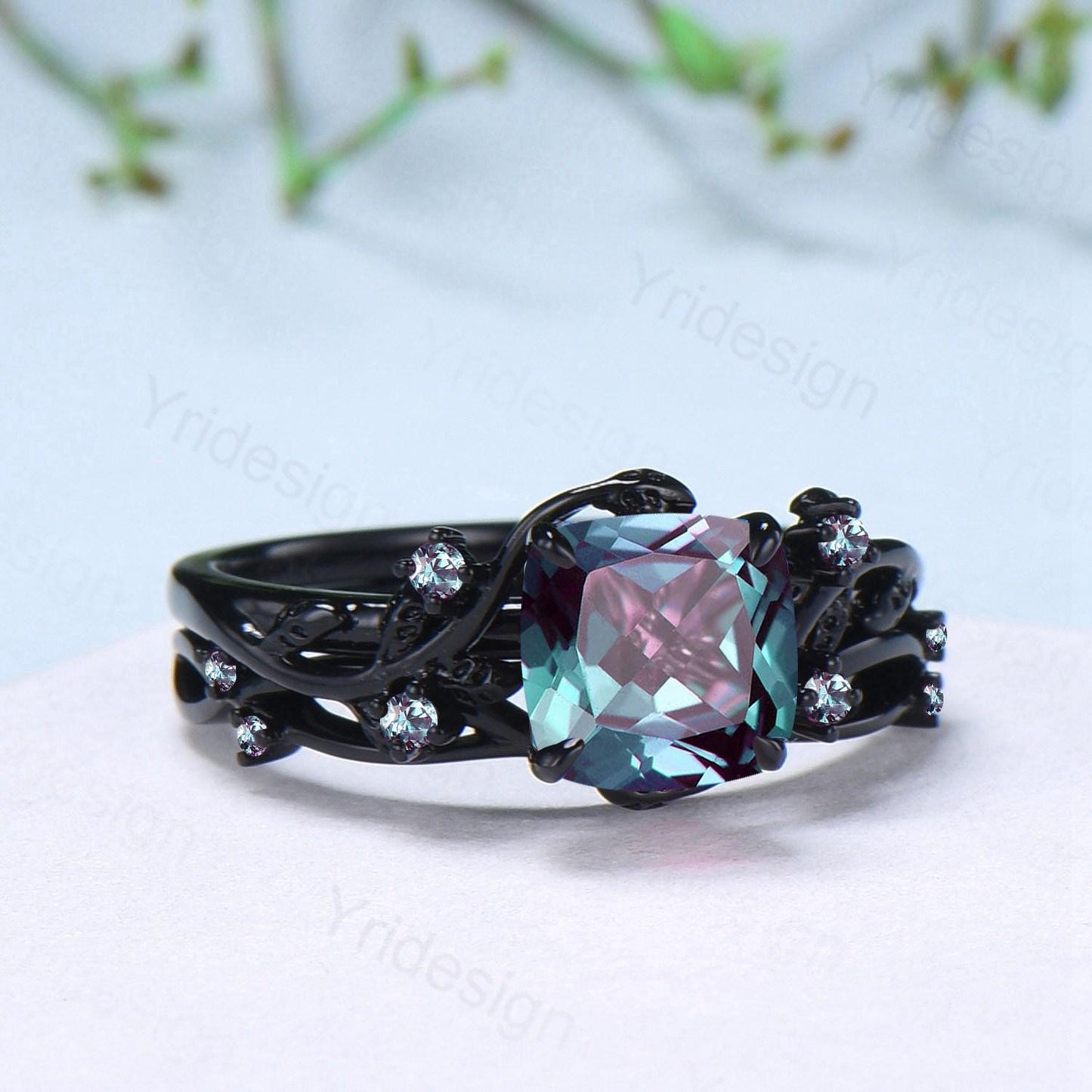 Nature inspired cushion cut alexandrite wedding ring set black gold unique gothic alexandrite engagement ring evil eye bridal set for women