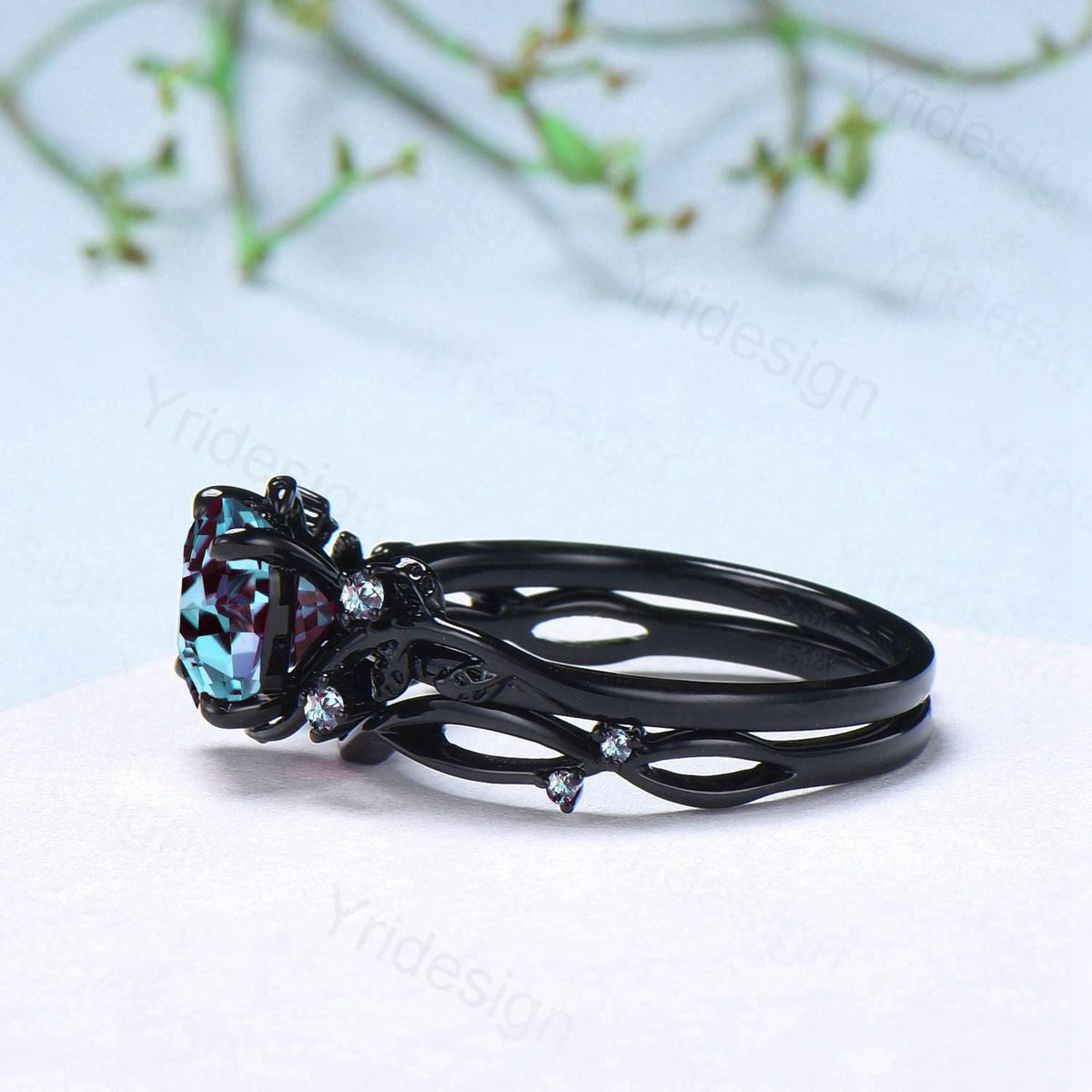 Nature inspired cushion cut alexandrite wedding ring set black gold unique gothic alexandrite engagement ring evil eye bridal set for women