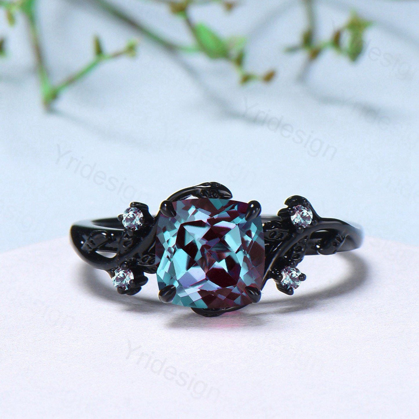 Nature inspired cushion cut alexandrite wedding ring set black gold unique gothic alexandrite engagement ring evil eye bridal set for women