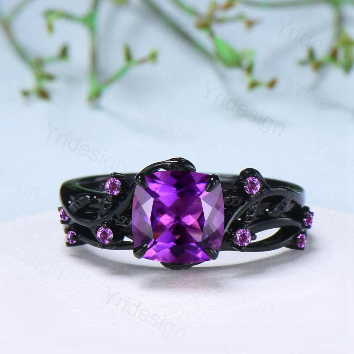 Unique gothic cushion cut amethyst wedding ring set black gold bridal set natural inspired February birthstone engagement ring for daughter