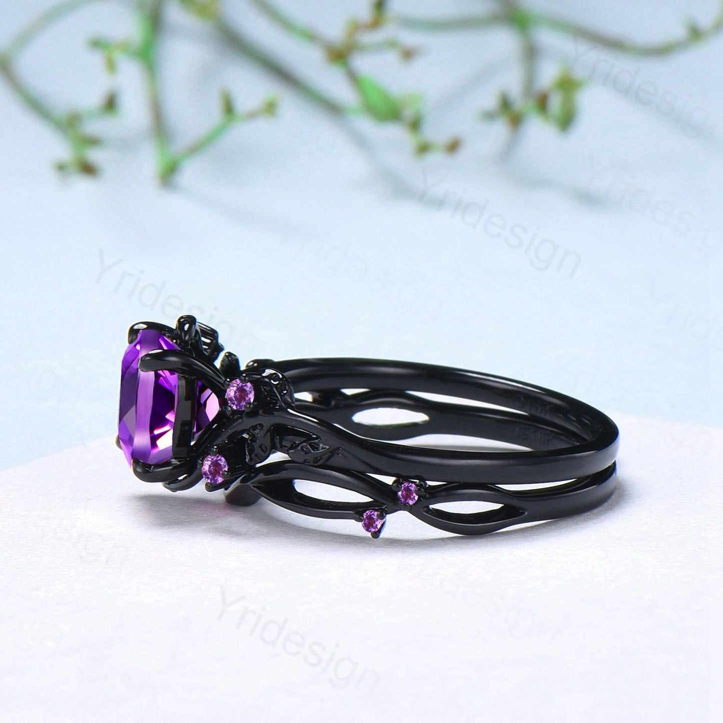 Unique gothic cushion cut amethyst wedding ring set black gold bridal set natural inspired February birthstone engagement ring for daughter