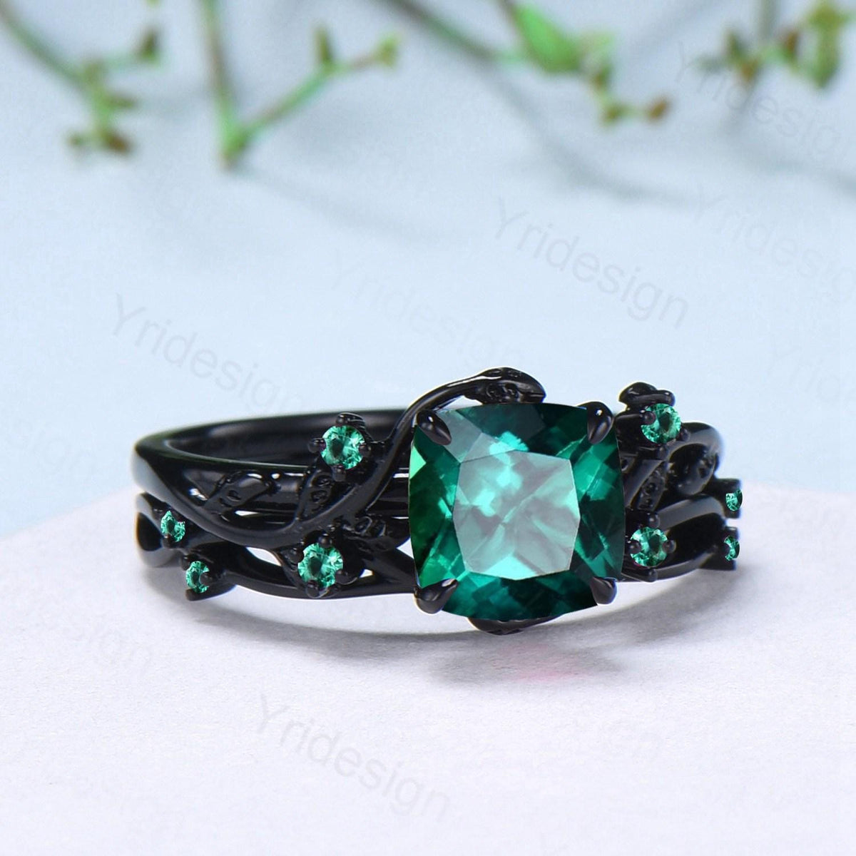 Unique gothic cushion cut emerald wedding ring set black gold natural inspired May birthstone engagement ring for women emerald bridal set