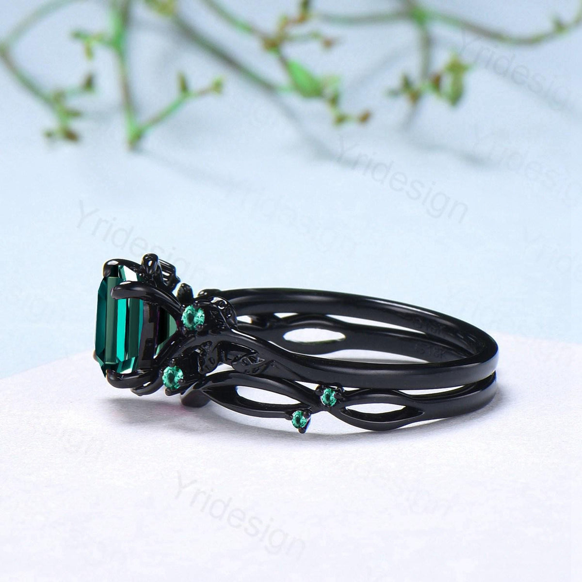 Unique gothic cushion cut emerald wedding ring set black gold natural inspired May birthstone engagement ring for women emerald bridal set