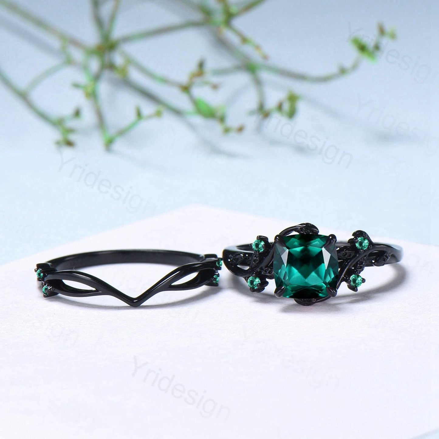 Unique gothic cushion cut emerald wedding ring set black gold natural inspired May birthstone engagement ring for women emerald bridal set