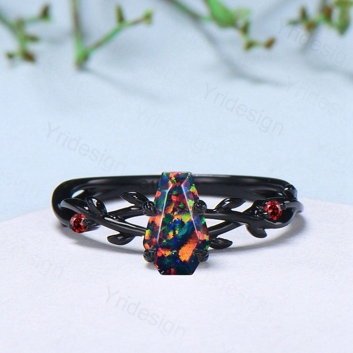Black Gold Fire Opal Promise Ring Leaf Branch Black Opal Gothic Engagement Ring Nature Inspired Garnet Wedding Ring Twig Anniversary Gifts