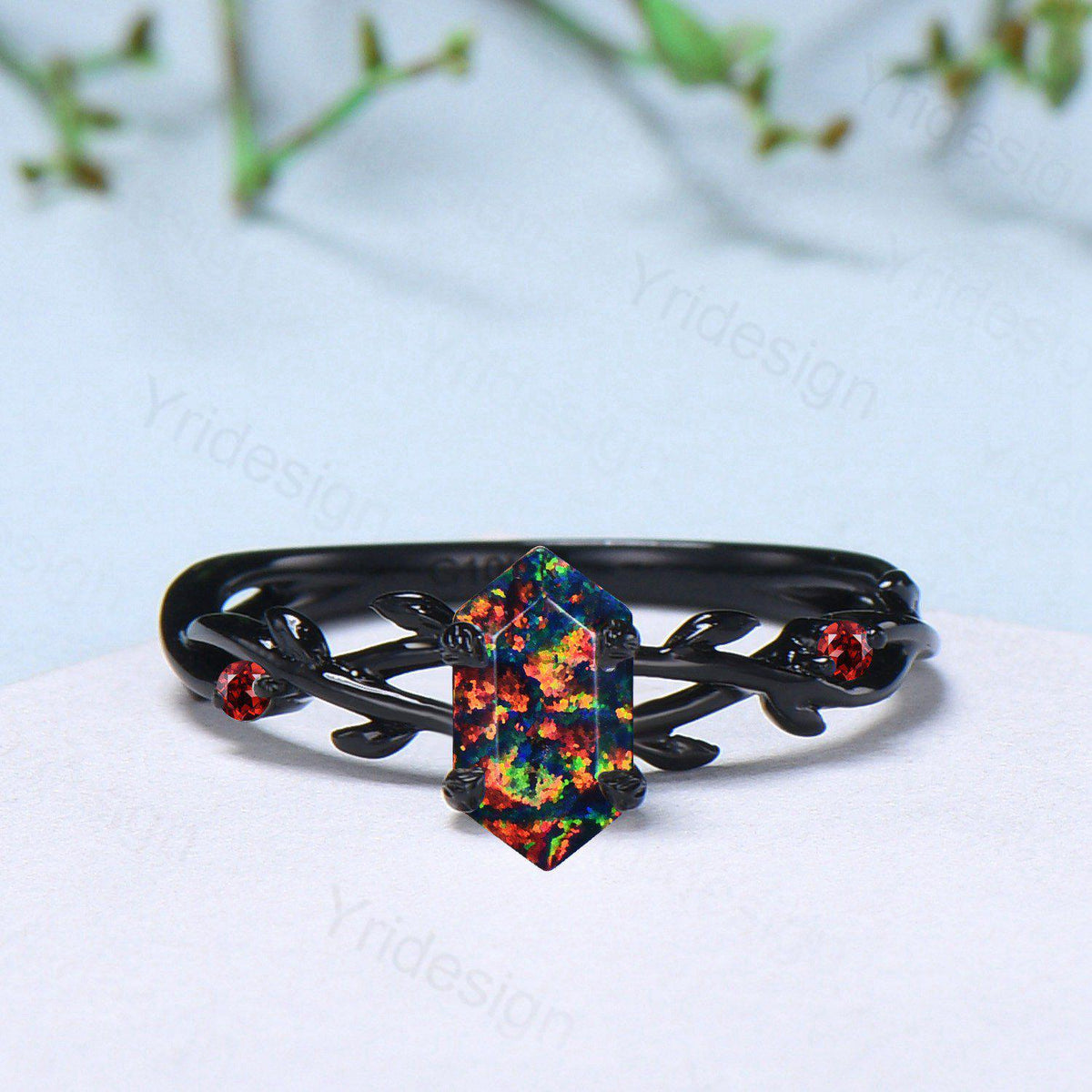 Black Gold Fire Opal Promise Ring Leaf Branch Black Opal Gothic Engagement Ring Nature Inspired Garnet Wedding Ring Twig Anniversary Gifts