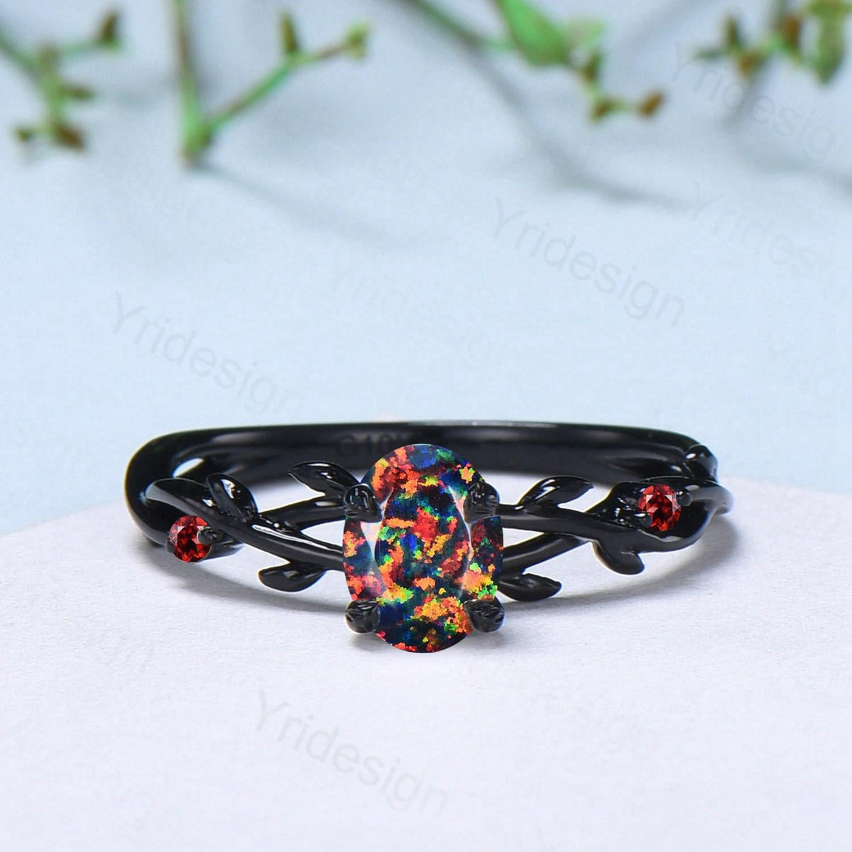 Black Gold Fire Opal Promise Ring Leaf Branch Black Opal Gothic Engagement Ring Nature Inspired Garnet Wedding Ring Twig Anniversary Gifts